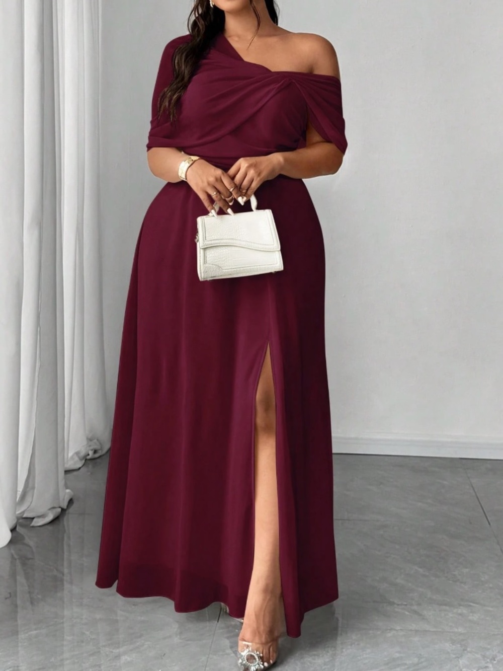 Plus Sold Ruched One Shoulder Split thigh Party Evening Dress - Picture 4 of 12